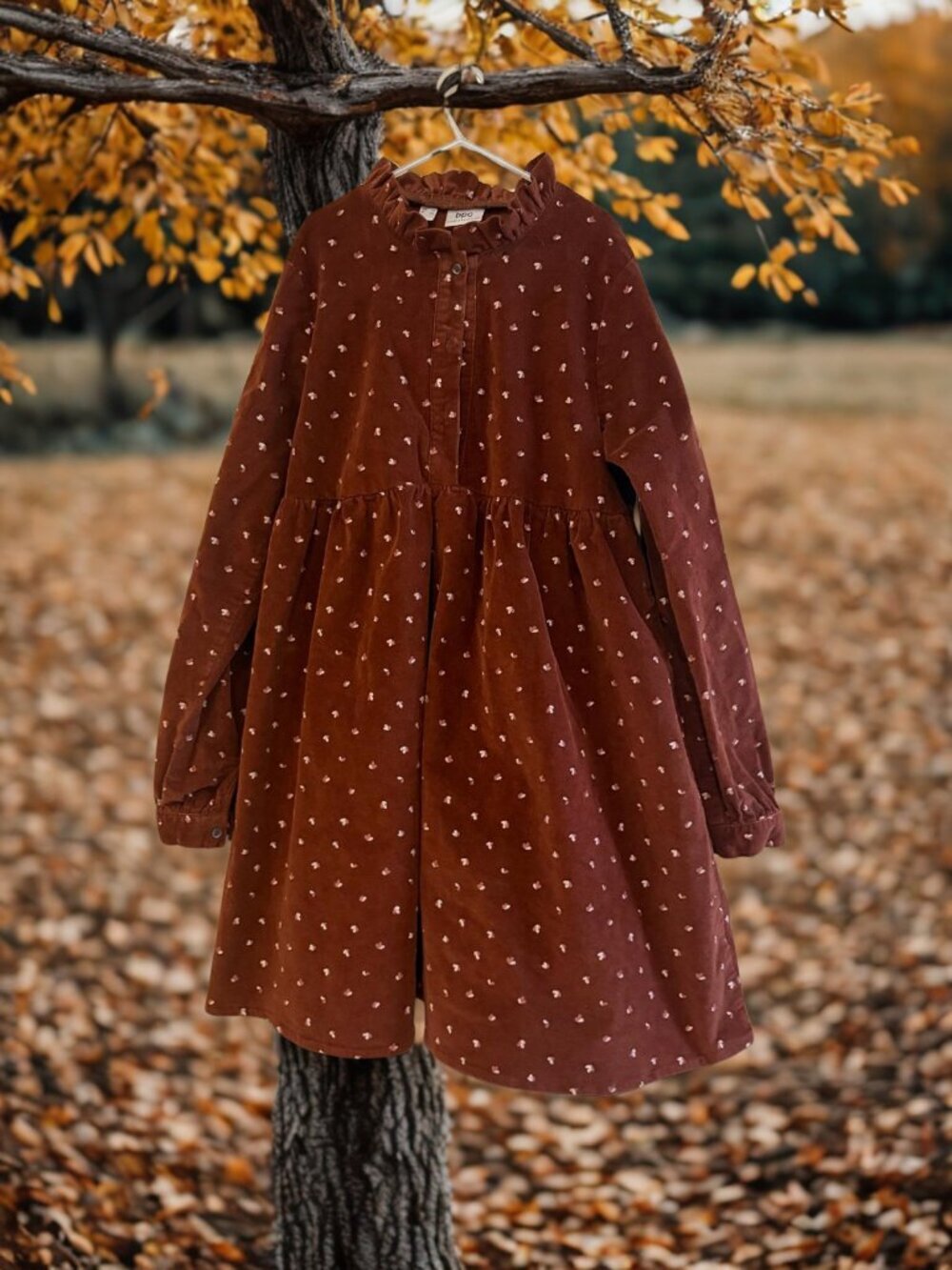 bonprix collection Girls Brown Corduroy Ruffle Collar Dress Size 13 Roomy Fit
